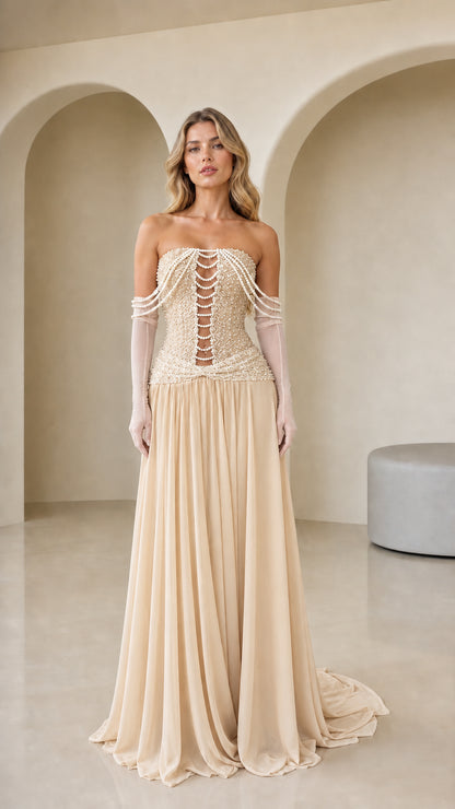 Champagne beige pearl beaded corset evening gown front view