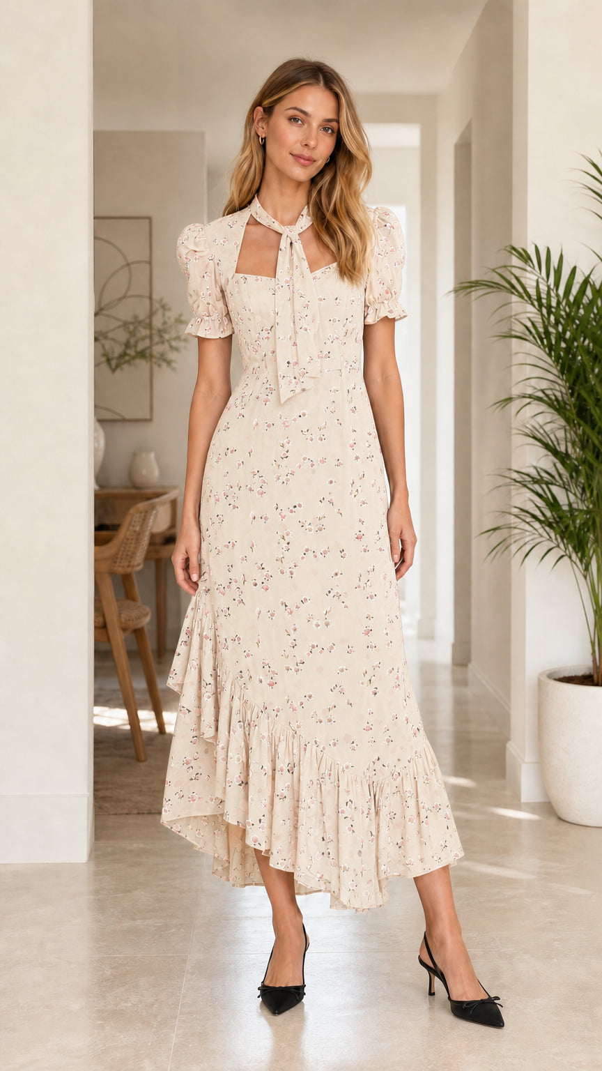 Woman wearing cream off-white floral tie-neck puff sleeve ruffle midi dress
