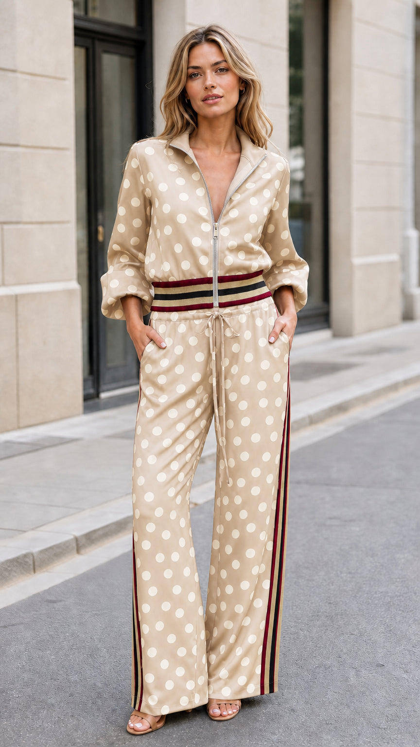 Full front view of woman wearing beige polka dot matching jacket and wide-leg pant set