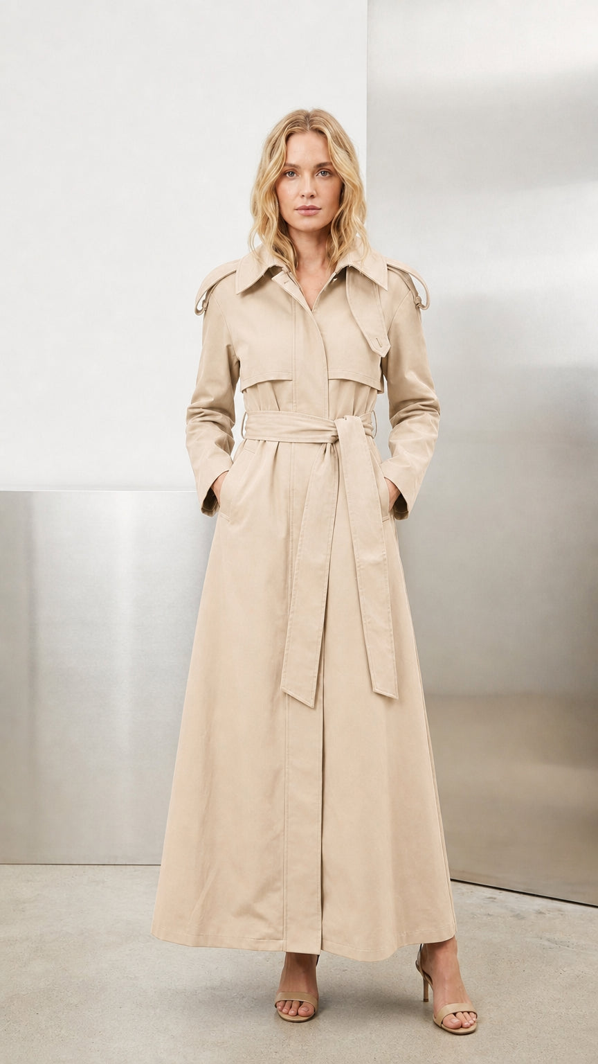 Model wearing classic beige full-length belted maxi trench coat
