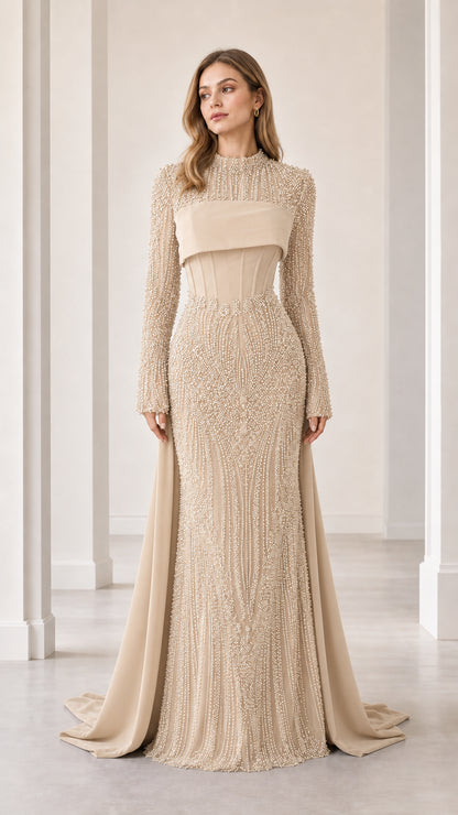 Champagne beige beaded long sleeve formal gown with sweeping side train