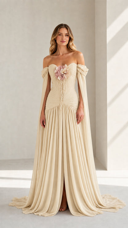 Front view of champagne off-shoulder maxi dress
