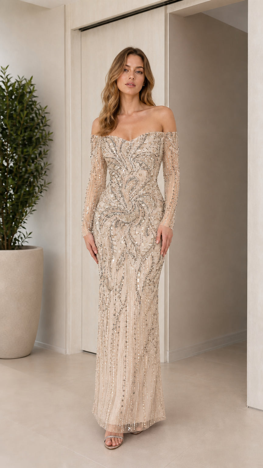 Front view of champagne gold off-the-shoulder long sleeve sequin evening gown