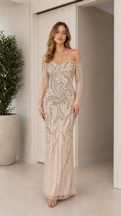 Front view of champagne gold off-the-shoulder long sleeve sequin evening gown