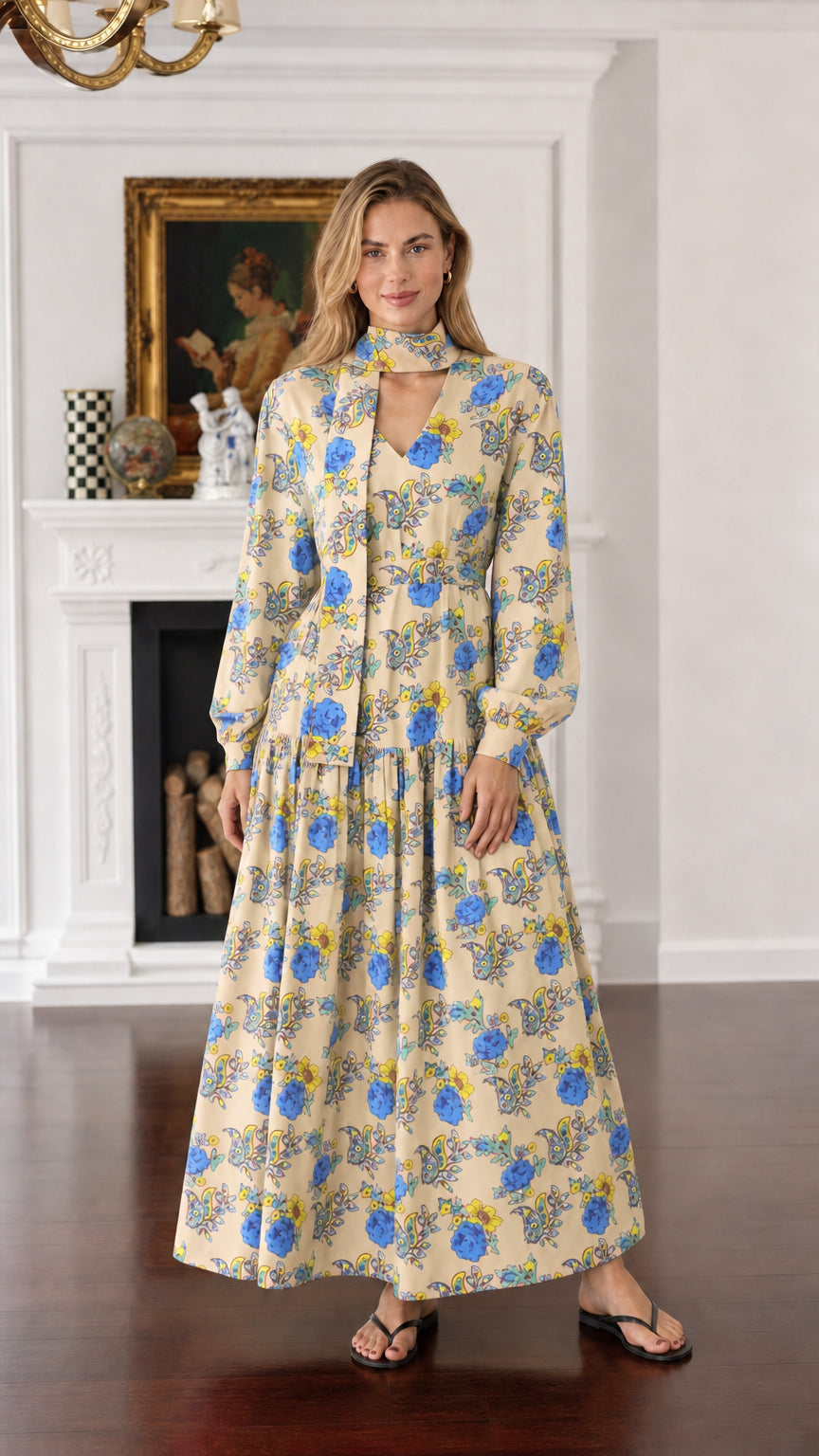 Front view of woman wearing beige floral long-sleeve maxi dress