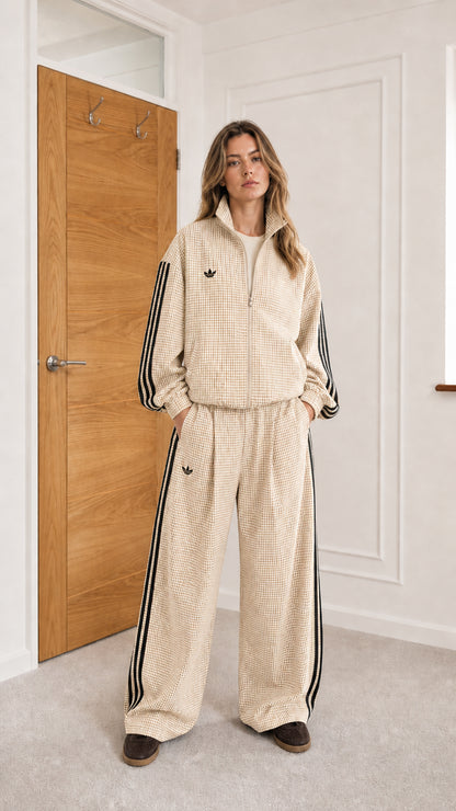 Model wearing cream houndstooth track jacket and matching wide-leg pants set