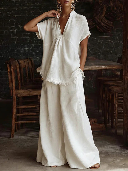 Relaxed Lace Trim Wide-Leg Pants Set