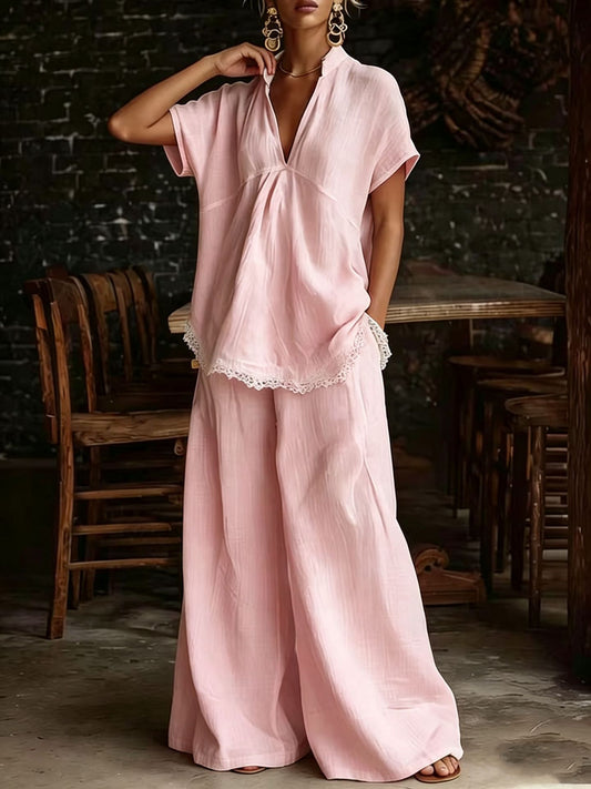Relaxed Lace Trim Wide-Leg Pants Set