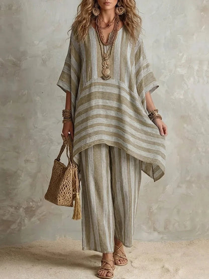 Bohemian Striped Poncho Two-Piece Set