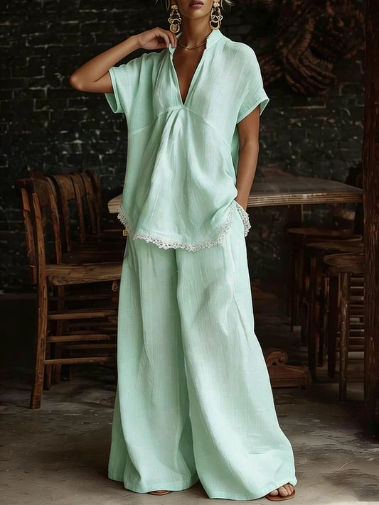 Relaxed Lace Trim Wide-Leg Pants Set