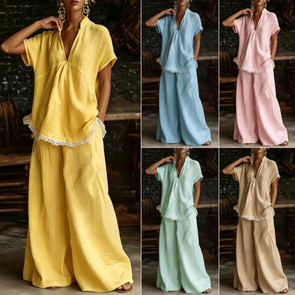 Relaxed Lace Trim Wide-Leg Pants Set