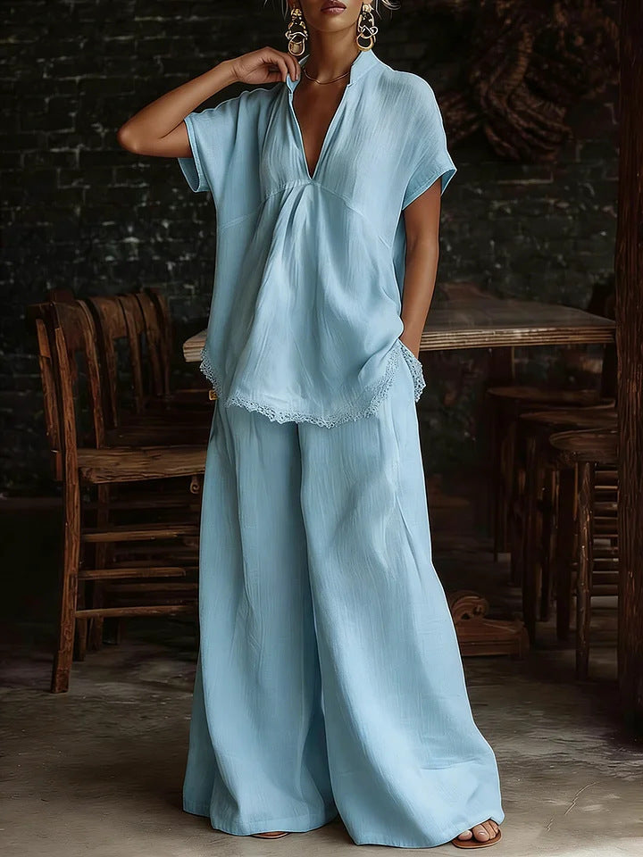 Relaxed Lace Trim Wide-Leg Pants Set