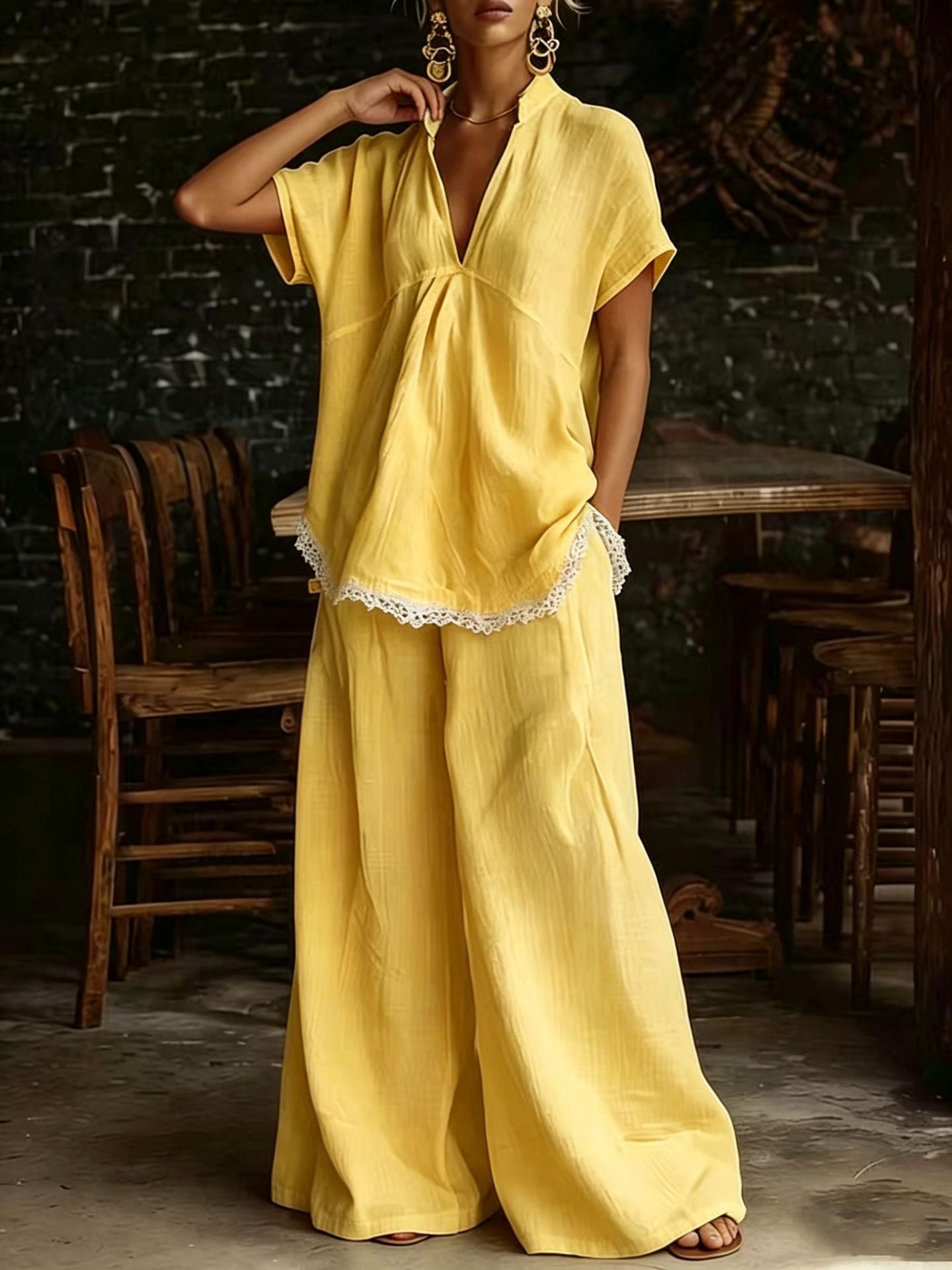 Relaxed Lace Trim Wide-Leg Pants Set