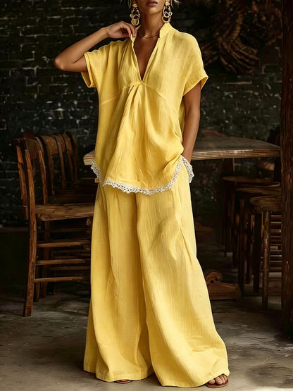 Relaxed Lace Trim Wide-Leg Pants Set