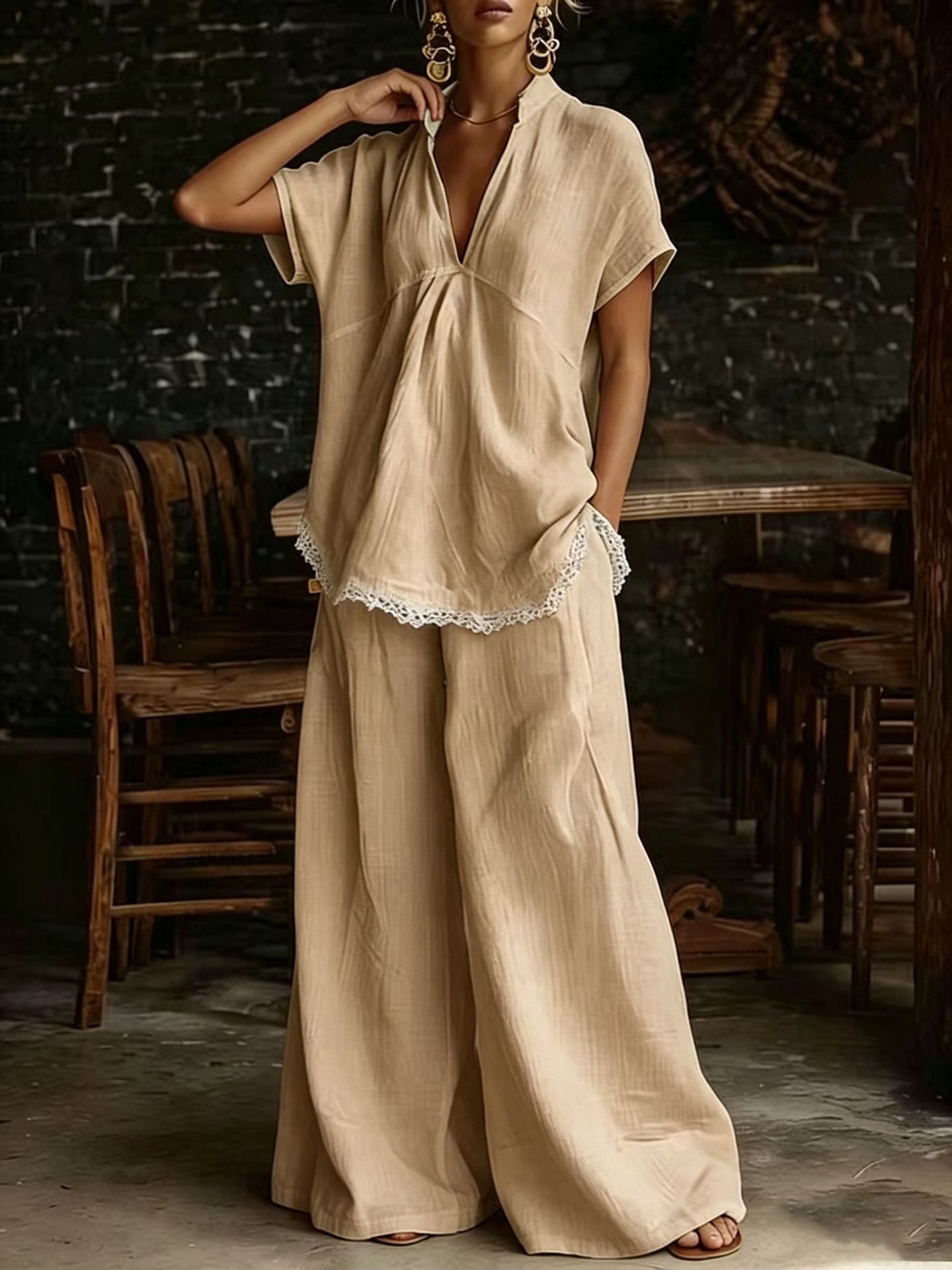 Relaxed Lace Trim Wide-Leg Pants Set