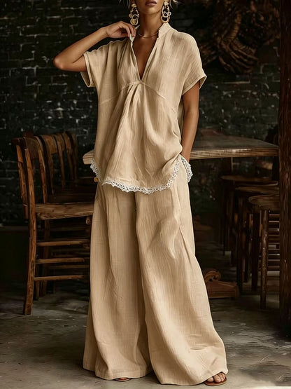 Relaxed Lace Trim Wide-Leg Pants Set