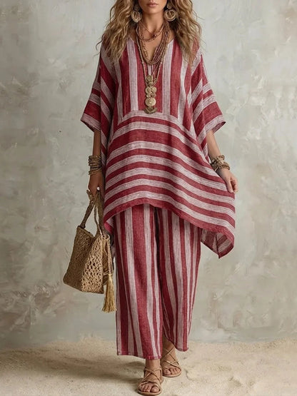 Bohemian Striped Poncho Two-Piece Set